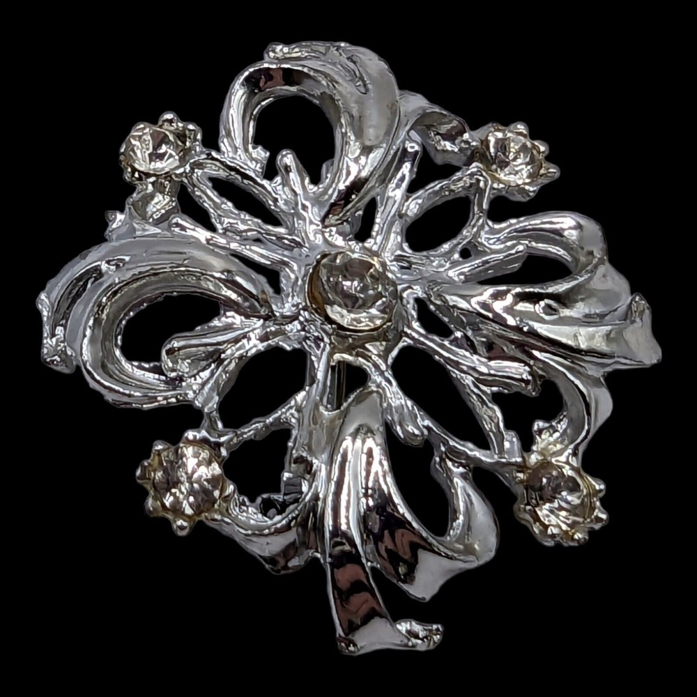 Vintage Clear Rhinestone Silver Tone Flower Ribbon Brooch Pin Estate Statement - Picture 5 of 6